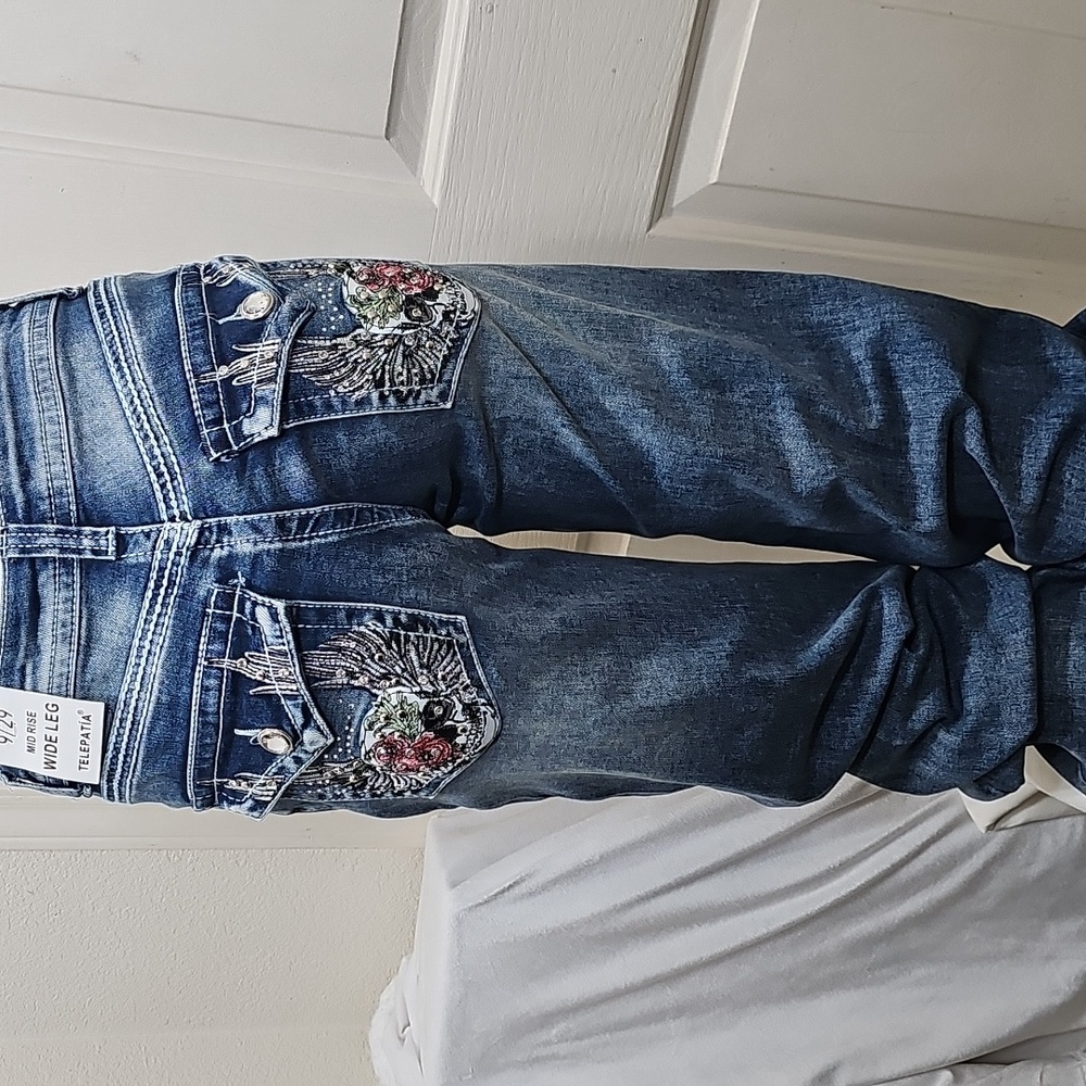 TELEPATIA Wide-leg Blue Cowgirl Denim Jeans